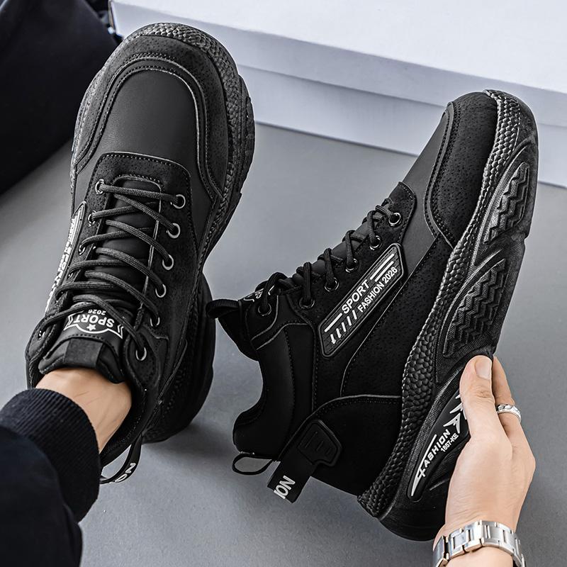 Men's Solid Color Flat Heel Anti Slip Protection Thick Sole Height Increasing Stable Grip Hiking Boots Retro High Top Sports