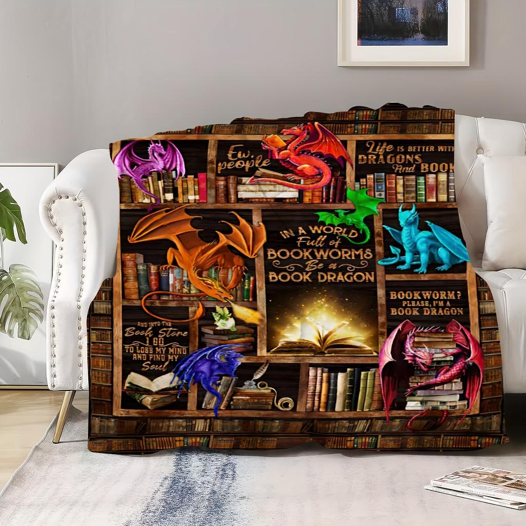 Book Dragon & Library Blanket Throw Blanket Naps Cozy Soft Flannel Blanket for Couch Bed Sofa Perfect Gift for Kids Home Decor