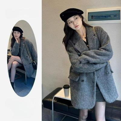 Casaco de Lã Cinza para Mulheres Outono e Inverno Espessado com Veludo Interior Nicho Lã Imitação Caxemira Lã Casaco