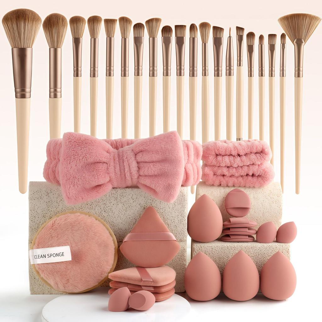 47-Piece Face Makeup Brush Set with Nylon Bristles Plastic Handle Travel Bag & Shaving Brush