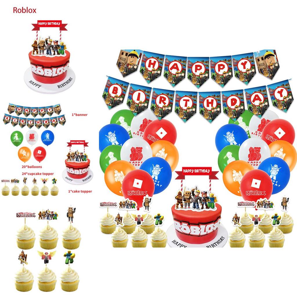 Bunte Roblox Geburtstagsparty-Zubehör Banner Und Kuchenaufsätze Ideal Für Junge Gamer