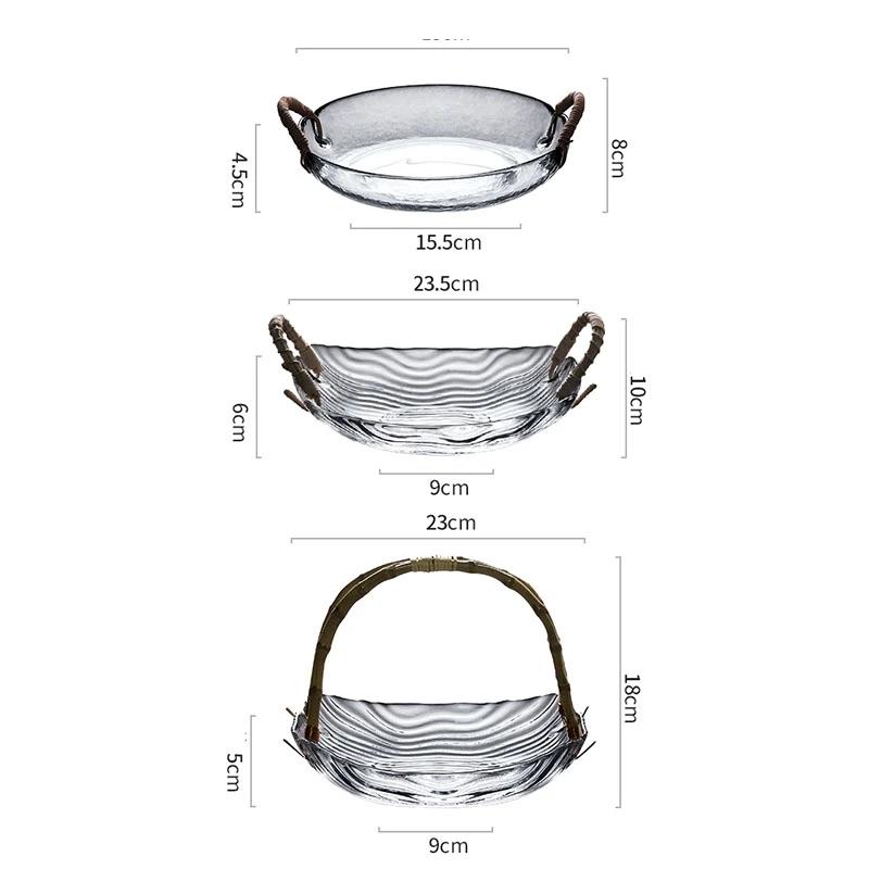 Glass Fruit Tray Household Snack Candy Dessert Plate Afternoon Tea Dim Sum Rattan Woven Portable Trays Housewear