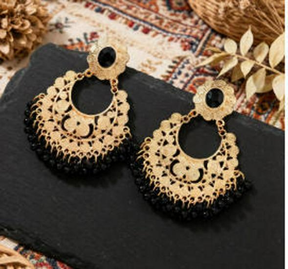 Retro Indian Alloy Rice Bead Tassel Earrings with Scenic Design