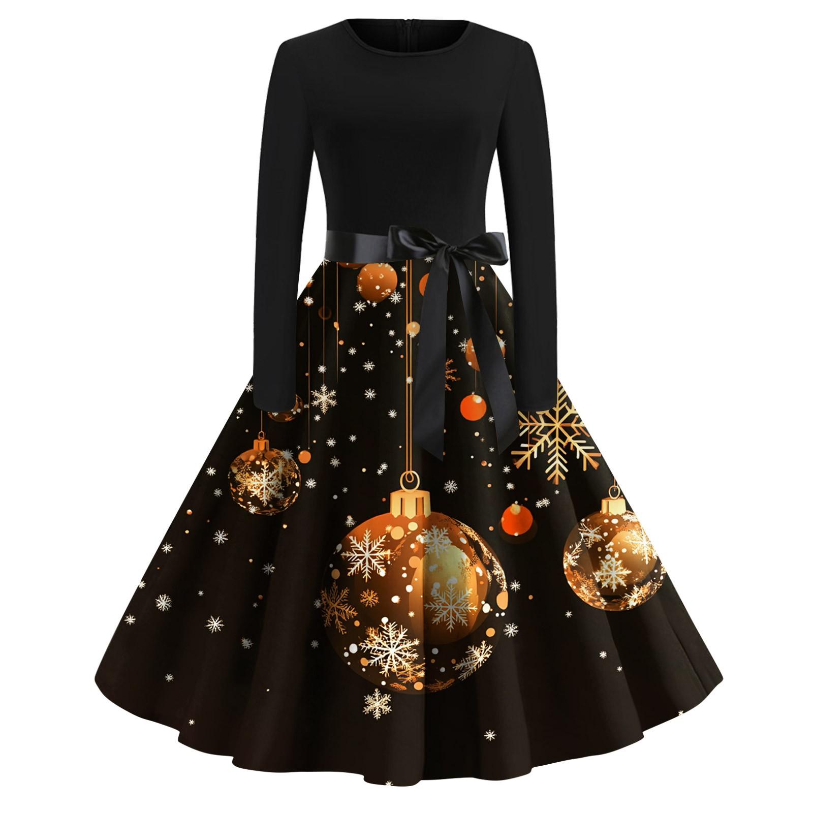 

Женское модное винтажное платье с длинным рукавом и круглым вырезом с рождественским принтом L