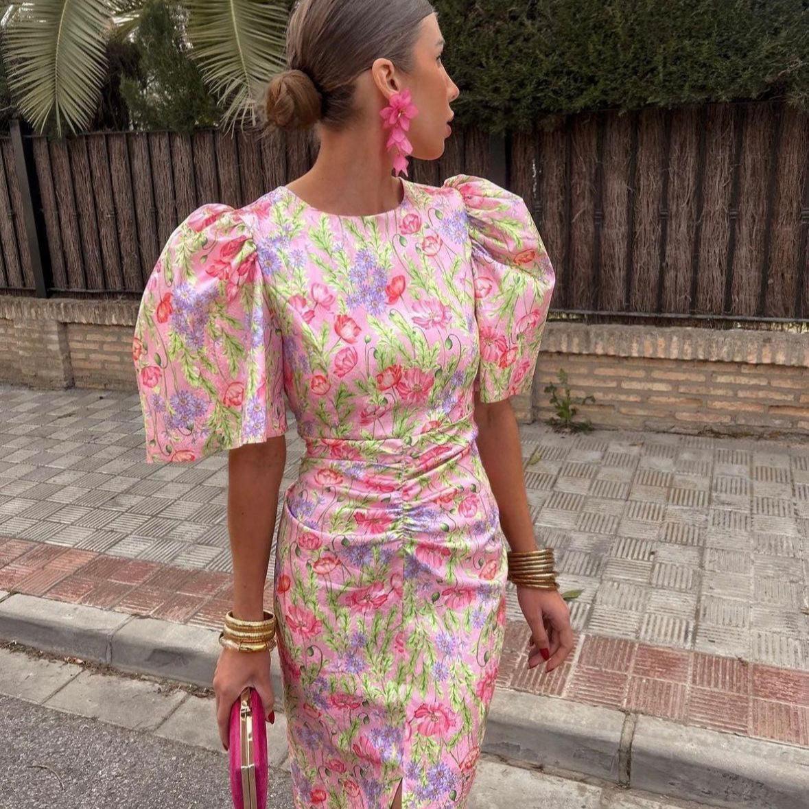 New summer bubble sleeve slim dress European and American fashion pleated dress S красный
