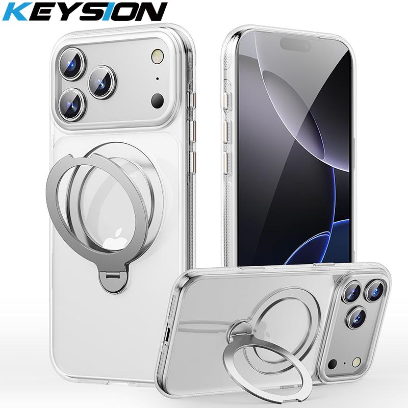 KEYSION 360° Rotating Magnetic Ring Stand Case for MagSafe for iPhone 17 Pro Max Matte Transparent Shockproof Phone Back Cover