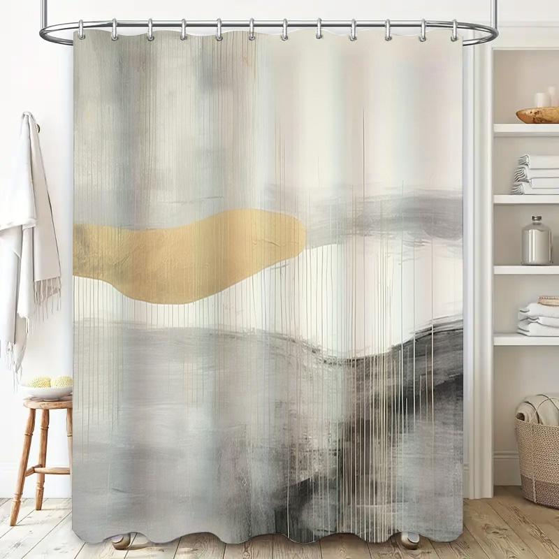 Modern Art Print Shower Curtain With Gold Stripes Neutral Bathroom Decor For Home Kitchen (White)