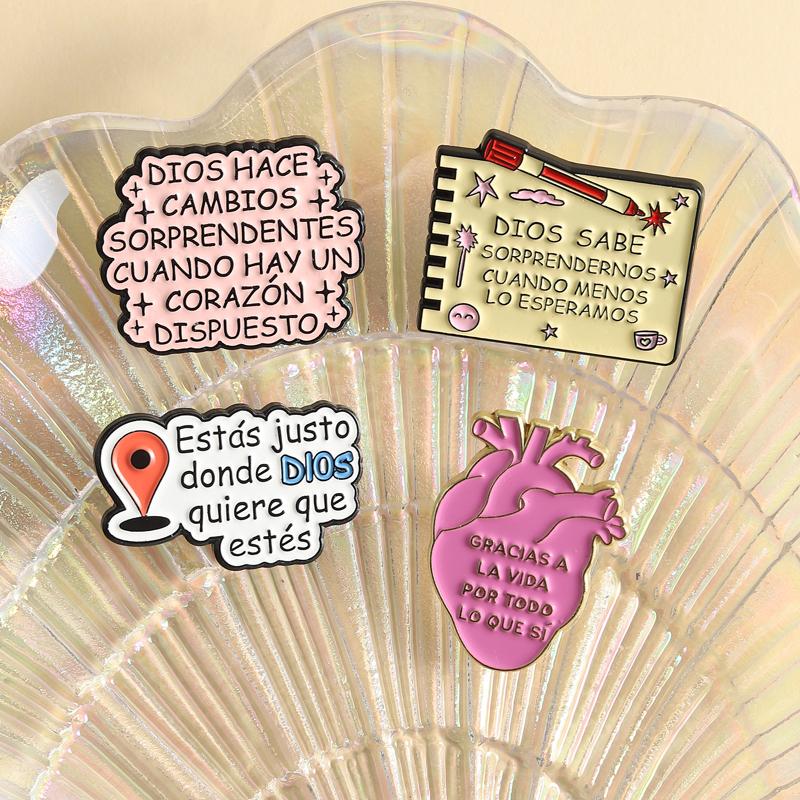 Healing Christian Spanish Enamel Pin Inspirational Faith Pink Heart Notebook Doodle Brooches Lapel Badge Jewelry Gift for Friend
