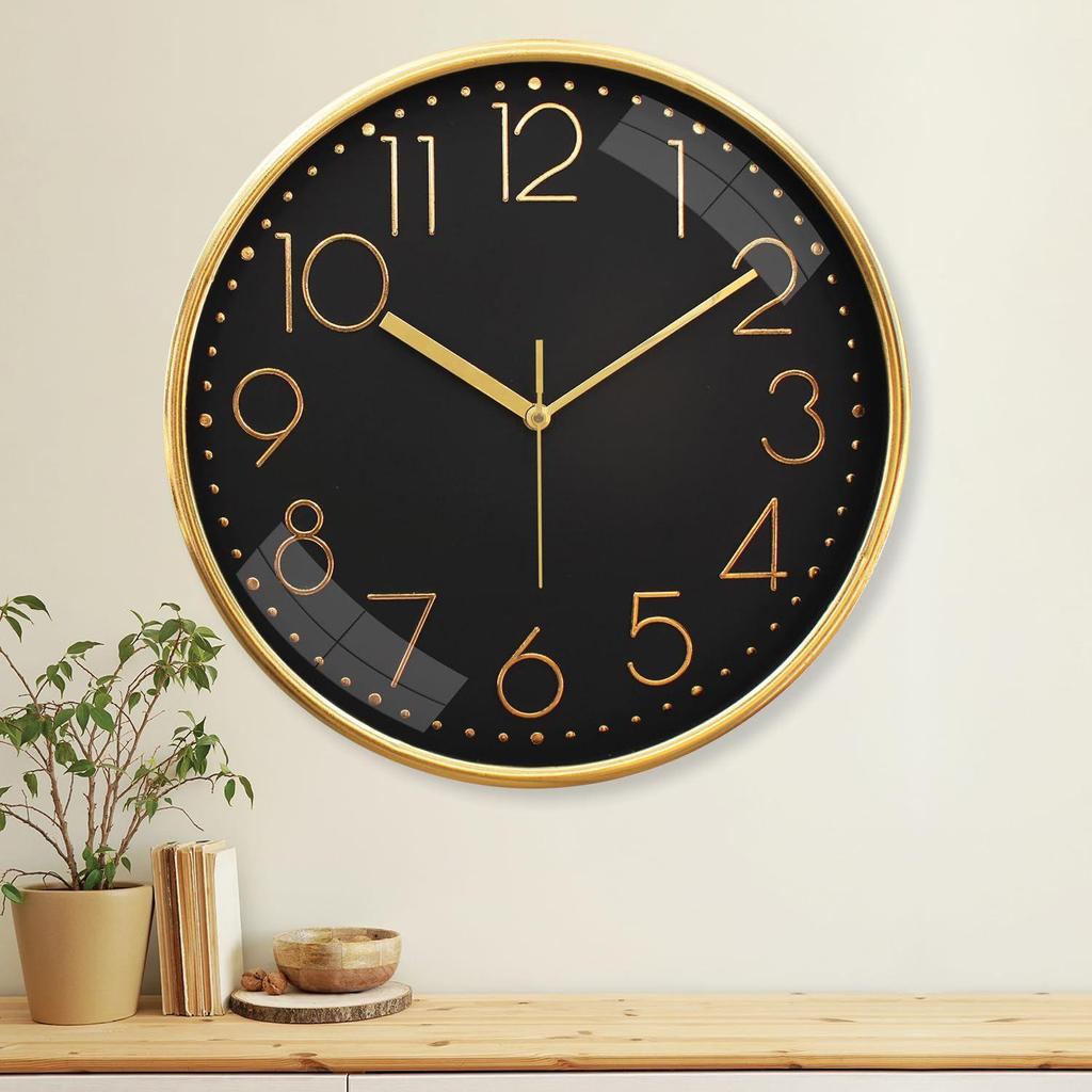 12-inch Plastic & Glass Wall Clock - Pie (Silent Movement), Black.