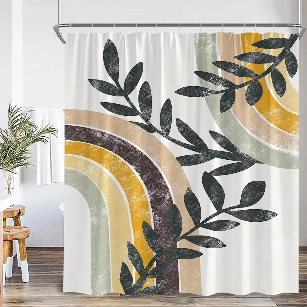 Vintage Abstract Shower Curtain Green Leaf Geometric Nordic Modern Bathtub Decorative Simple Polyester Shower Curtain with Hook