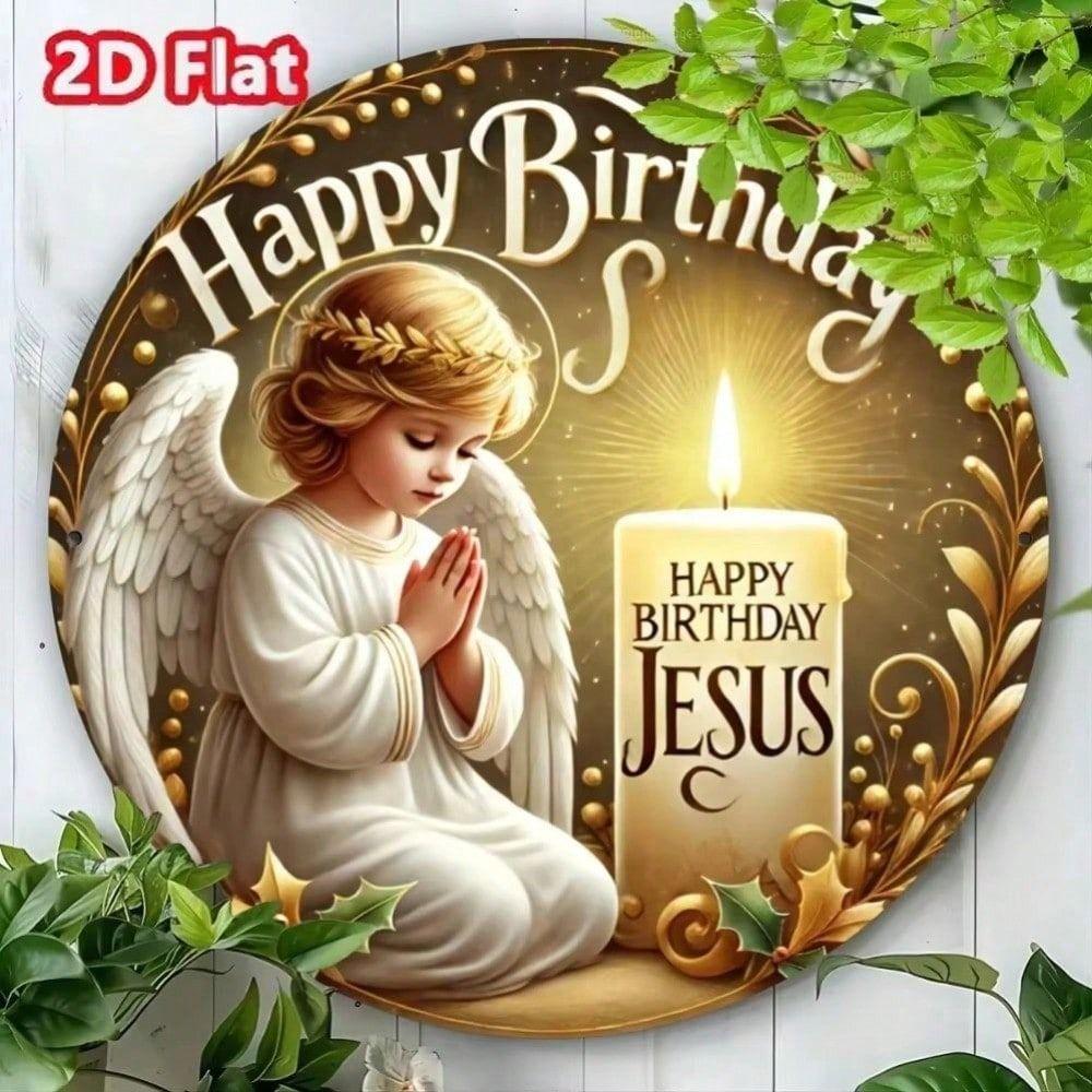 Metal Round Wall Art Angel Happy Birthday Jesus Christmas Decor