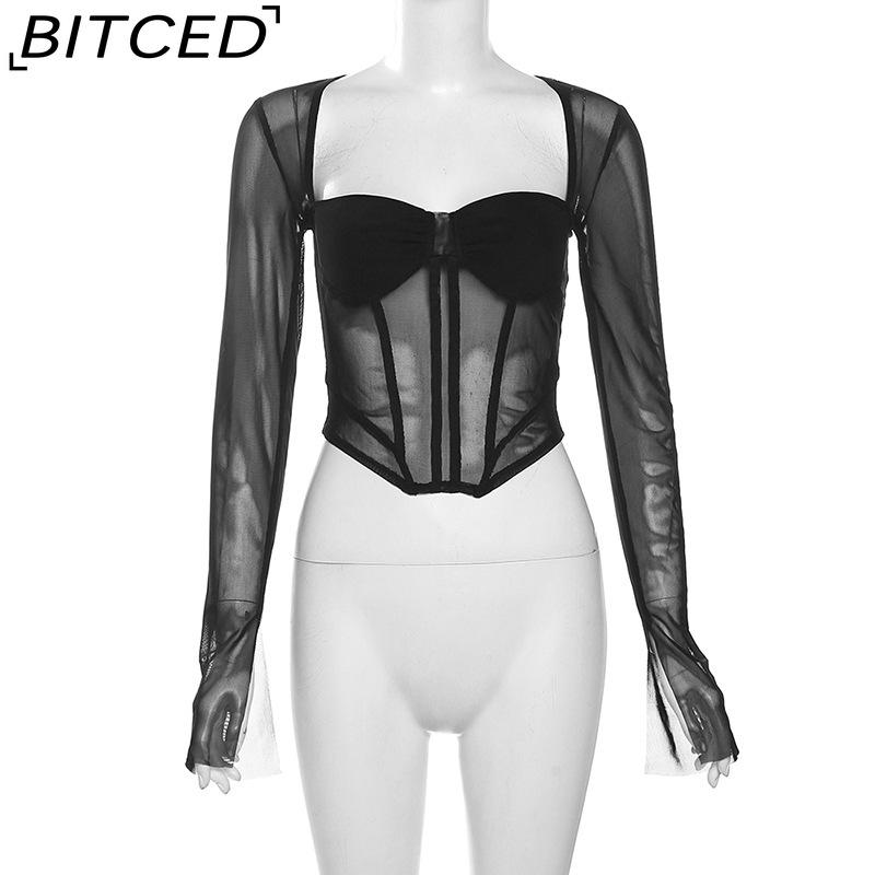 BITCED Autumn Women's Solid-Colour Slim-Fit Cropped Streetwear Square-Neck Long-Sleeved Top