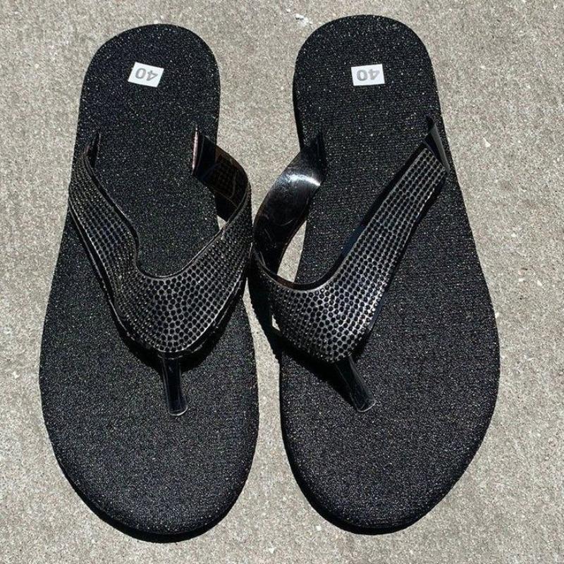 

Модные женские шлепанцы-вьетнамки, слайды, со стразами, женская обувь, повседневная летняя плоская, с кристаллами, блестящая, женская обувь, zapatos de mujer 35 чёрный
