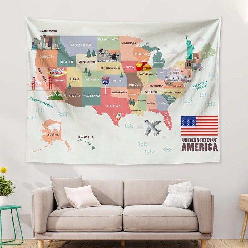 Tapestry USA map cartoon America 75x100 чёрный