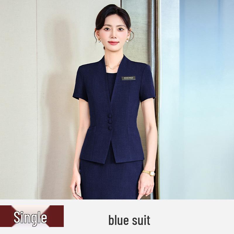 Women's Gray Summer Suit Set: Short-Sleeved Professional Attire for Hotel Front Desk or Jewelry Store