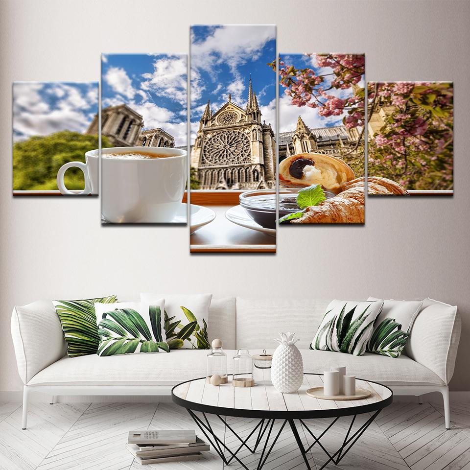 Canvas Painting Tea time coffee bread in Pair city 5 Pieces Wall Art Modular Wallpapers Poster Print for living room Home Decor