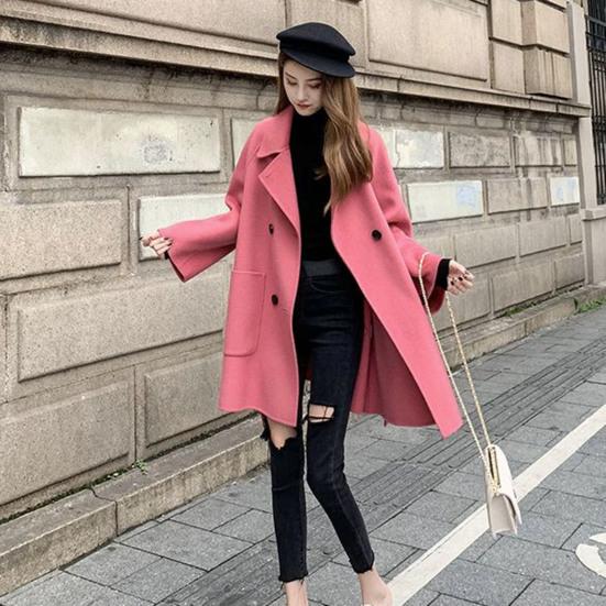 Fall Winter Women Woolen Jacket Thick Loose Turn-down Collar OL Commuting Jacket Double-breasted Mid Length Korean Style Overcoat Outerwear