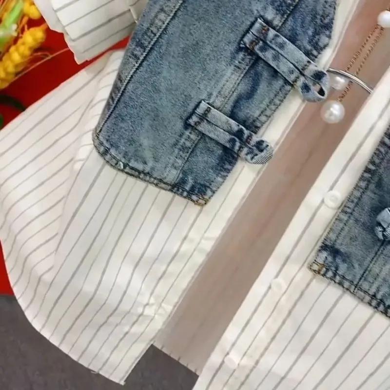 Women's Spring and Fall Casual Design Denim Shirt Splicing Square Collar Temperament Tops