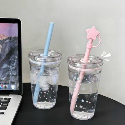 Cute Star Water Bottle 450ml Kawaii Straw Cup Reusable Drinking Plastic Tumbler for Iced Coffee Matcha Juice Cold Drinks Gift Fo