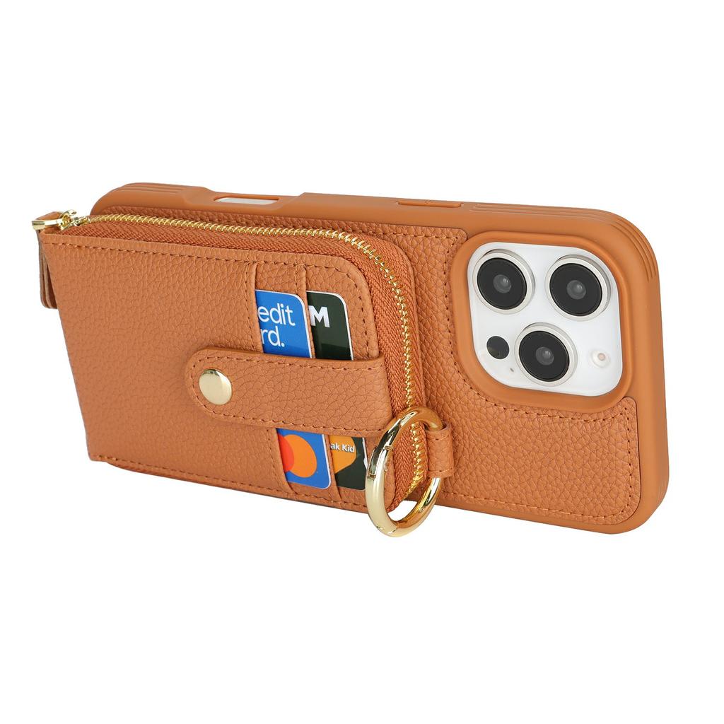 For iPhone 16 Pro Case with Zipper Pouch/Ring Kickstand/Strap Litchi Texture PU + TPU Phone Cover