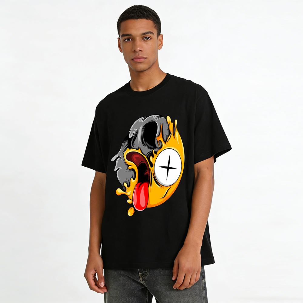 Dark Melted Goofy Tongue-Out Emoji Print Trendy Casual Tee Pure cotton T-shirt