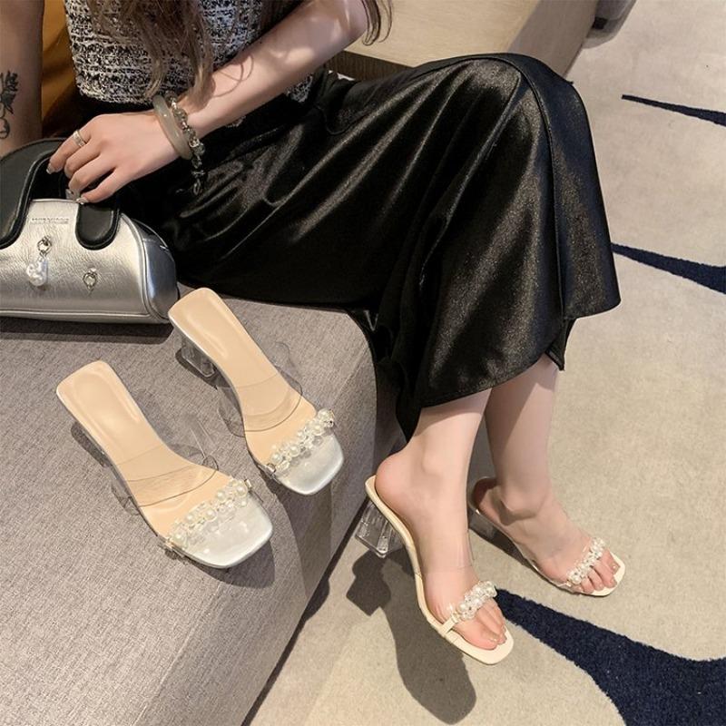 Women's Transparent Slippers Summer Casual Square Head Sandals High Heels Open Toe Party Chunky Heel Shoes  De Mujer