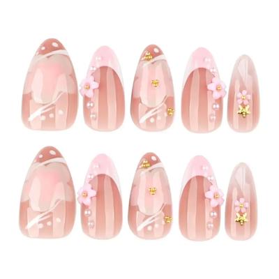 Manicure Long Almond False Nails Flowers Aurora Press On Nails French Detachable Nail Tips DIY