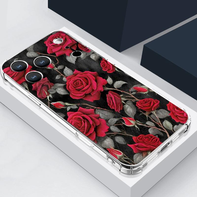 Scarlet Red Rose Flower Pattern Case For iPhone 17 Pro Max Coque iPhone 16 15 14 13 Pro Max 11 Shockproof Clear Soft Silicone Cover