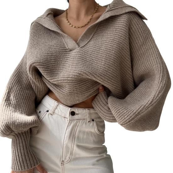 Women Knitting Tops Lapel V-Neck Long Sleeve Solid Color Sweater Loose Fit Warm