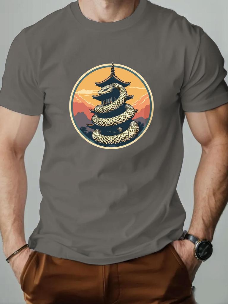 Men's T-Shirt 100% Cotton Cartoon Animal Snake Print Summer Oversized Round Neck Breathable Casual Short Sleeve Fashion T Shirt
