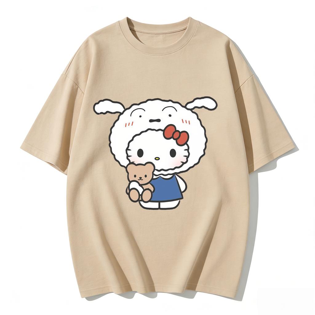 2026 New Kitty X Shinchan Print TShirt Cute Sanrio Loose Fit Casual Tee Harajuku Style Short Sleeve Top Couple Clothing Unisex