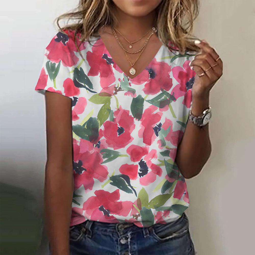 Women's Summer Floral Print 3D Printing T-shirt Women's Street Harajuku V-neck Top Oversized Clothing