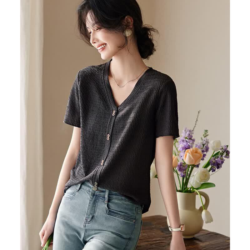XWI Women s Textured V-Neck Short Sleeve Knit T-Shirt S