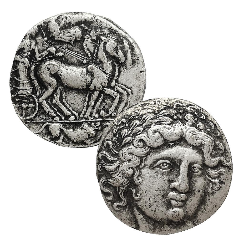 Monete greche antiche in argento, monete olandesi, luna, Zeus, costellazioni, stile retrò greco antico, arte scultorea