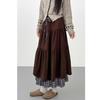 Coffee Corduroy Layered Long Skirt for Plus Size Women - Japanese Style Plaid