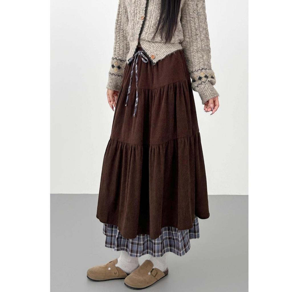 Coffee Corduroy Layered Long Skirt for Plus Size Women - Japanese Style Plaid