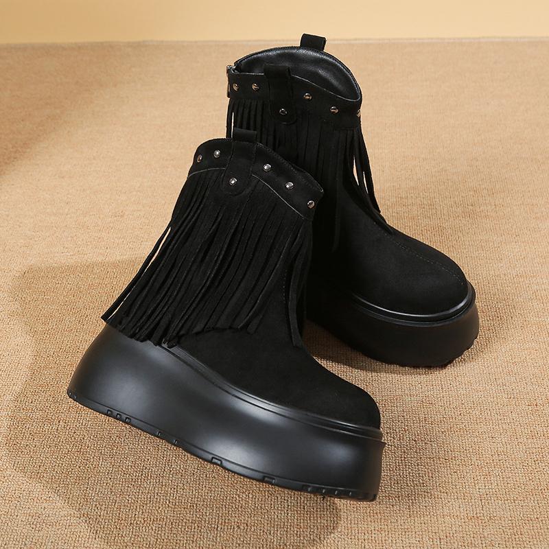 Fashion Women Tassels High Heels 8CM Thick Platform Short Boots Chunky Leather Shoes Woman Autumn Winter Platform Motorcycle Boots Botas