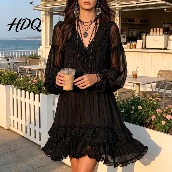 Lotus Leaf Collar Dress Women's Summer Mini Dress Sheer Mesh Long Sleeve