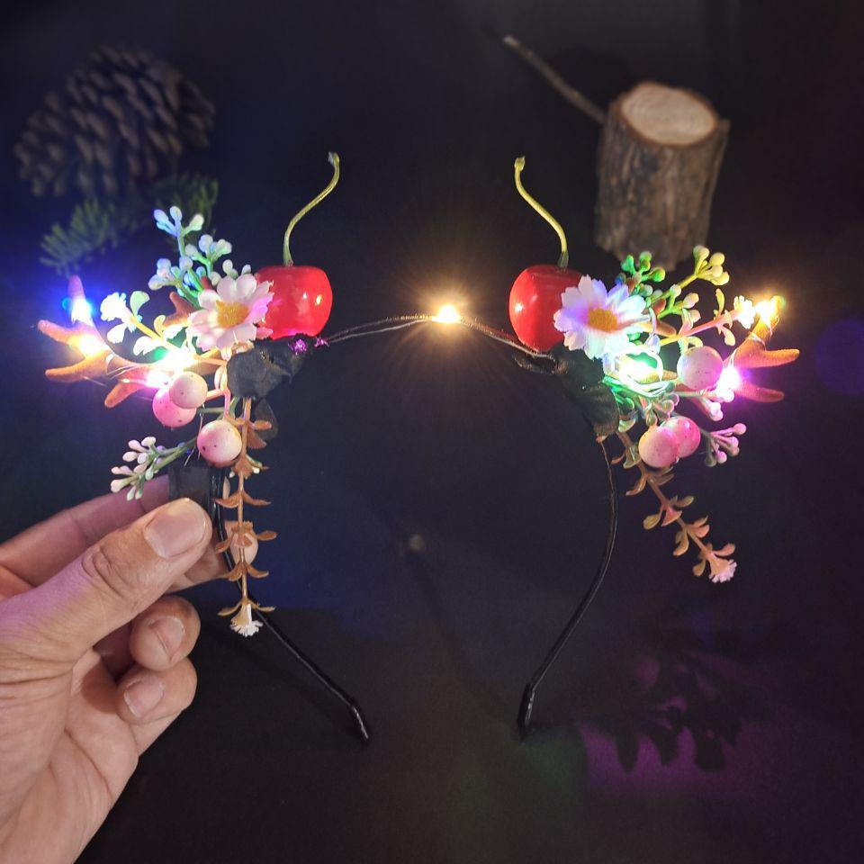 Luminous Reindeer Berry Antler Headband with Cat Ears - Christmas Accessory