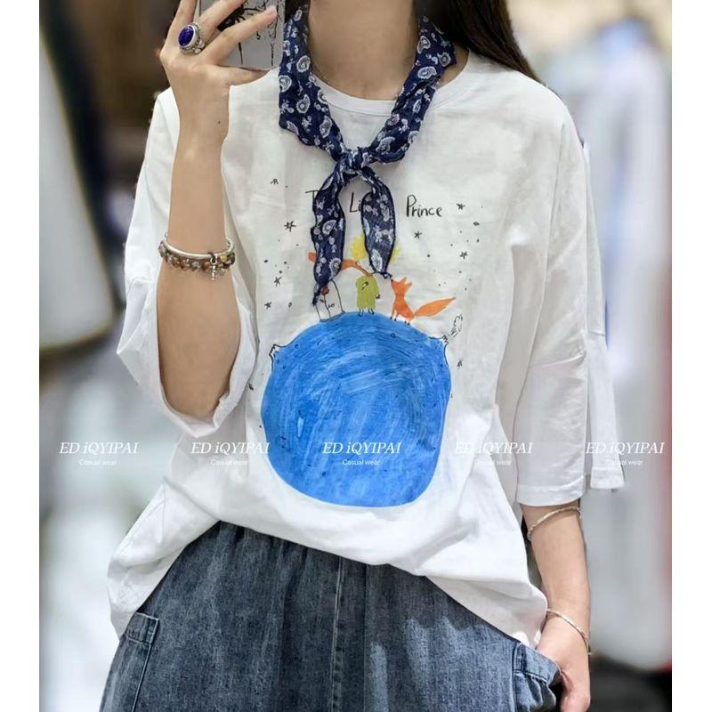 

2025 Spring New Arrival Loose All-Matching Youthful-Looking Cartoon Print Cotton Linen Patchwork Short-Sleeved T-shirt Women s Top White One size