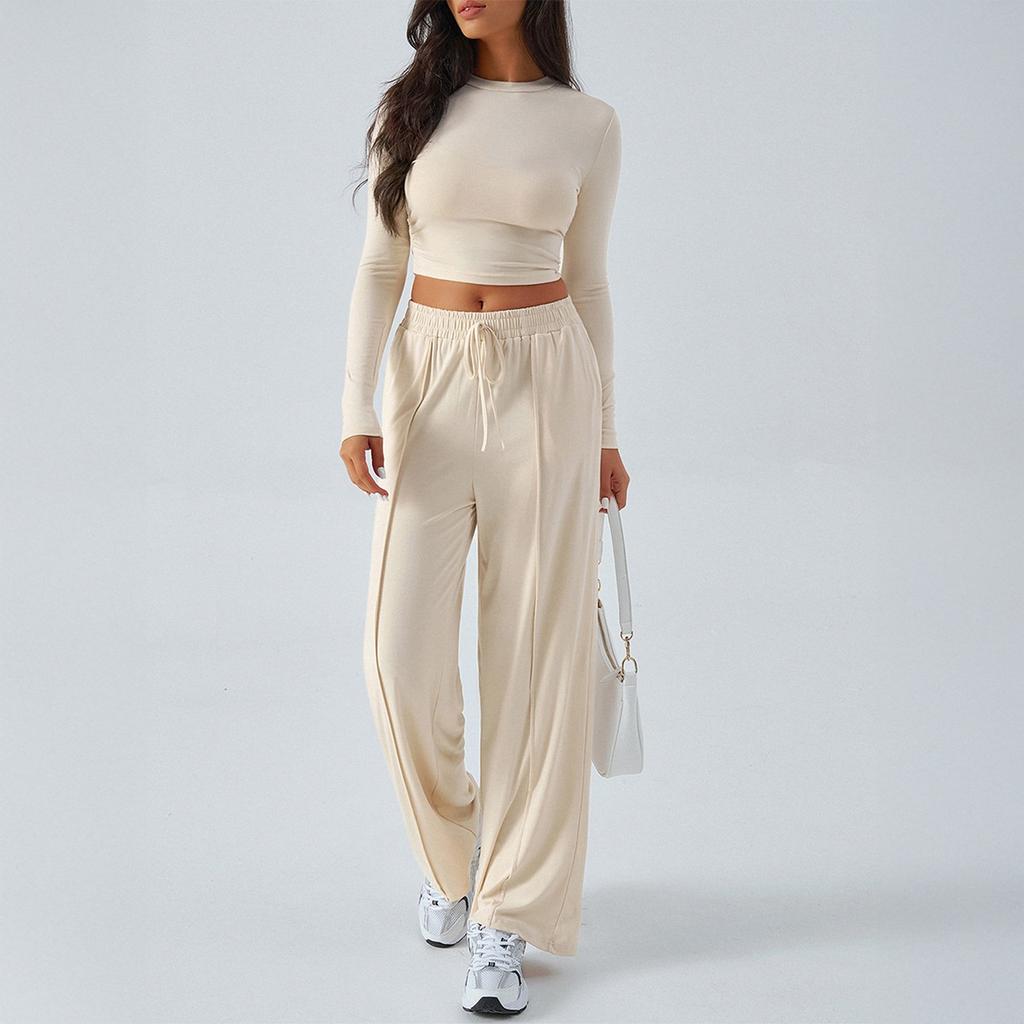 Women's 2 Piece Outfits Sets Ruched Long Sleeve Tops  Wide Leg Pants Tracksuit Sets