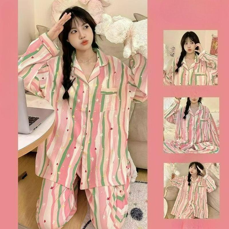 

Пижама Женская Весна и Осень Девушки Милая и Сладкая Свободный Крой Можно Носить На Улицу Отложной Воротник Длинный Рукав Брюки Костюм для Дома L розовый