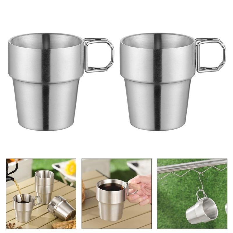2er-Pack Edelstahl Isolierbecher für Camping, klappbarer Griff, doppelwandige Kaffeetassen für Outdoor, Wandern