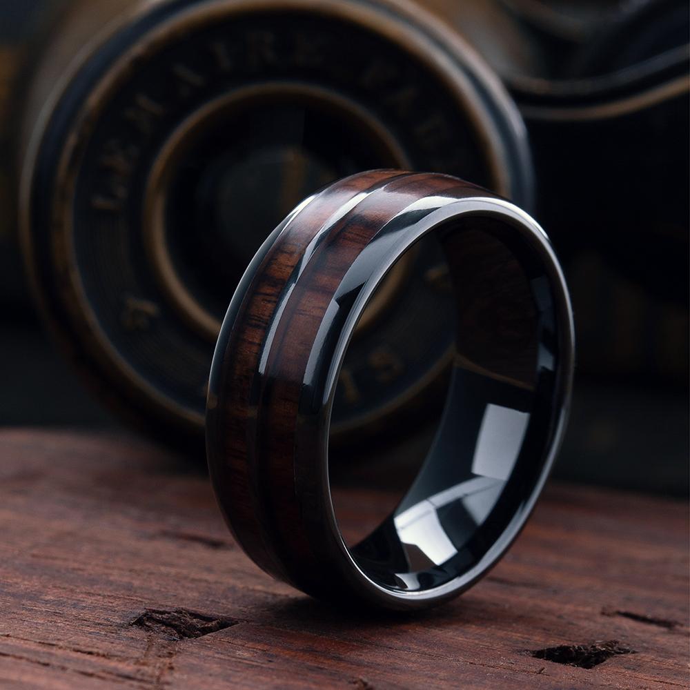 Luksus menn 8mm koa tre innlegg titan giftering for menn kvinner Dome polert rustfritt stål forlovelsesring menn bryllup band