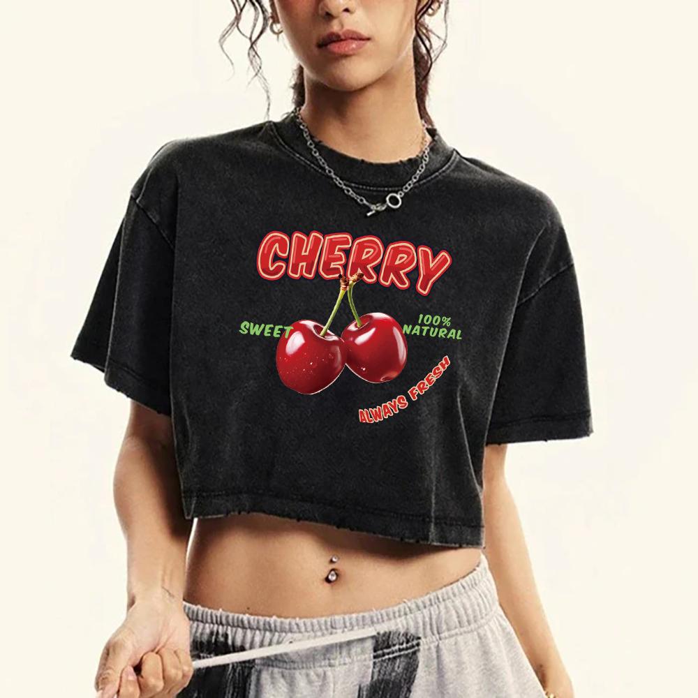 Cherry Sweet 100% Natural Printed Womens Washed T-Shirts Fashion O-Neck T-Shirt Comfortable Clothing Slim Cotton T Shirt Female