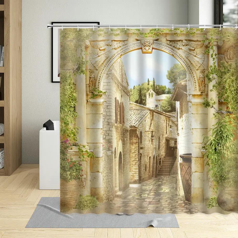

Traditional Greece City Street Shower Curtain Flowers Scenic Blue Window Bath Decor Polyester Bathroom Curtains With 12 Hooks W60H190(CM)-1 Pcs