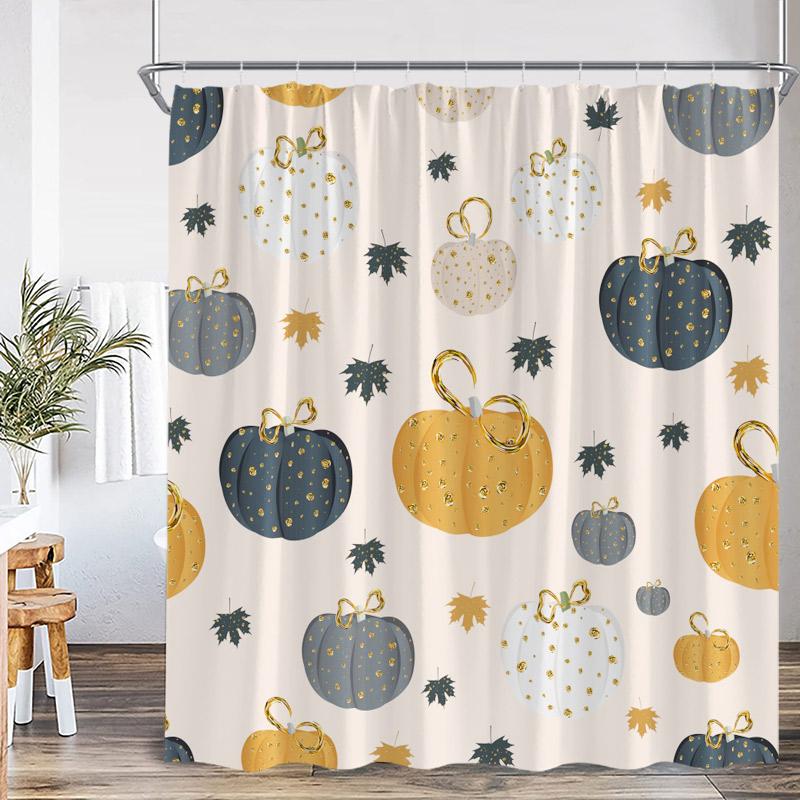 Autumn Pumpkin Shower Curtains Fall Watercolour Plant Leaves Modern Minimalist Polyester Fabric Home Bathroom Decor With Hooks