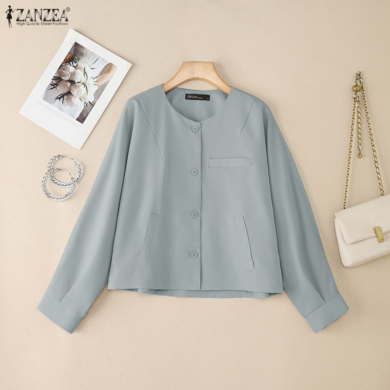 ZANZEA Women Casual Round Neck Solid Color Long Sleeve Blouse