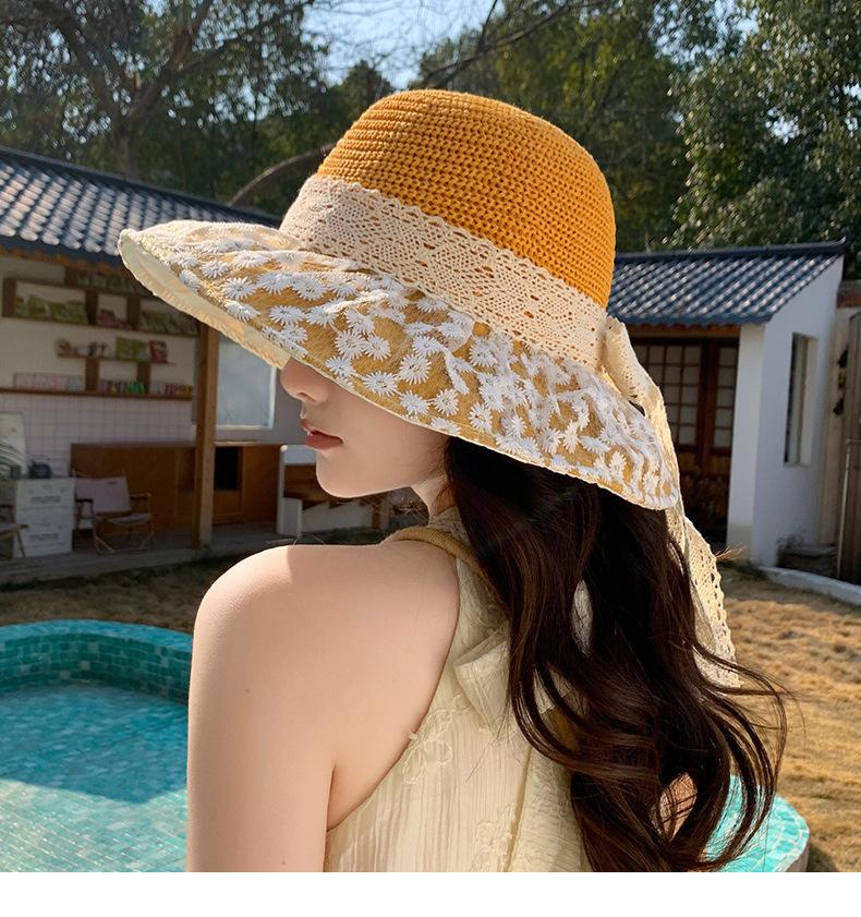Summer Female Daisy Lace Bow Straw Hat Big Brim Sunshade Sunscreen Hat Fashionable Versatile Bucket Hat