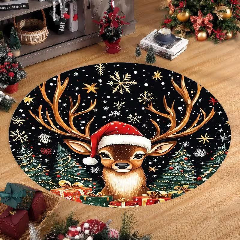 Round Christmas Area Rug Cute Reindeer Santa Hat Snowflake Print Non Slip Circular Carpet for Living Room Bedroom Holiday Decor